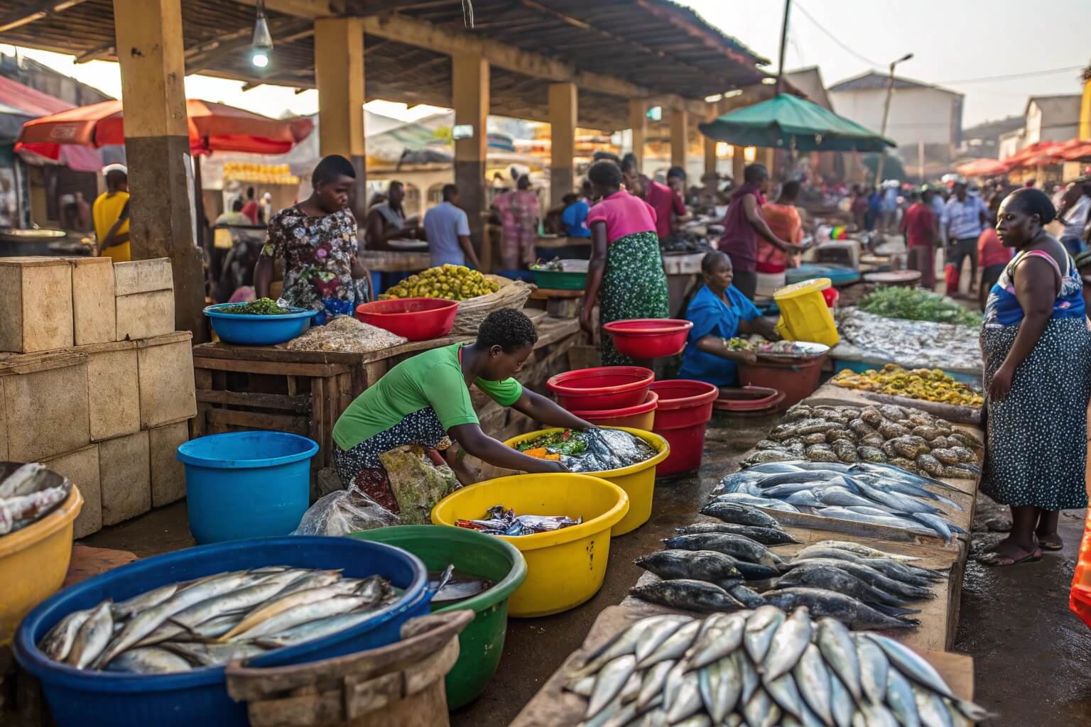 Freshly caught Tilapia and Sardines in a Ghanaian market