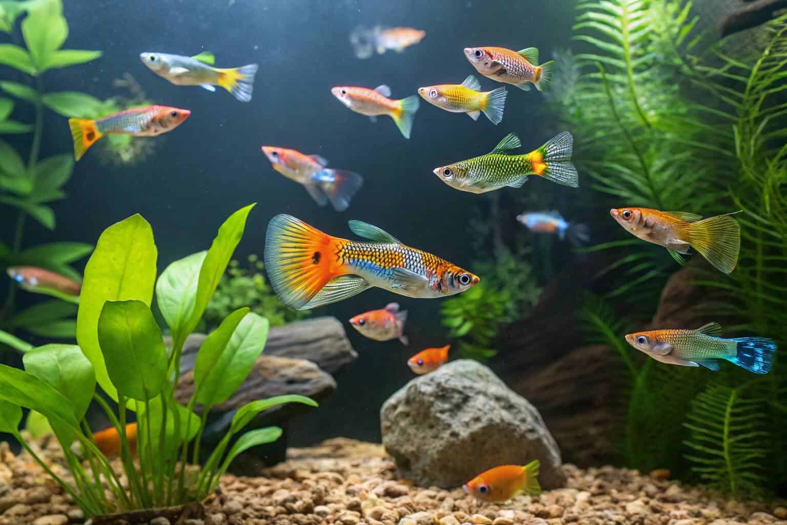 A colorful group of Guppies in a planted aquarium