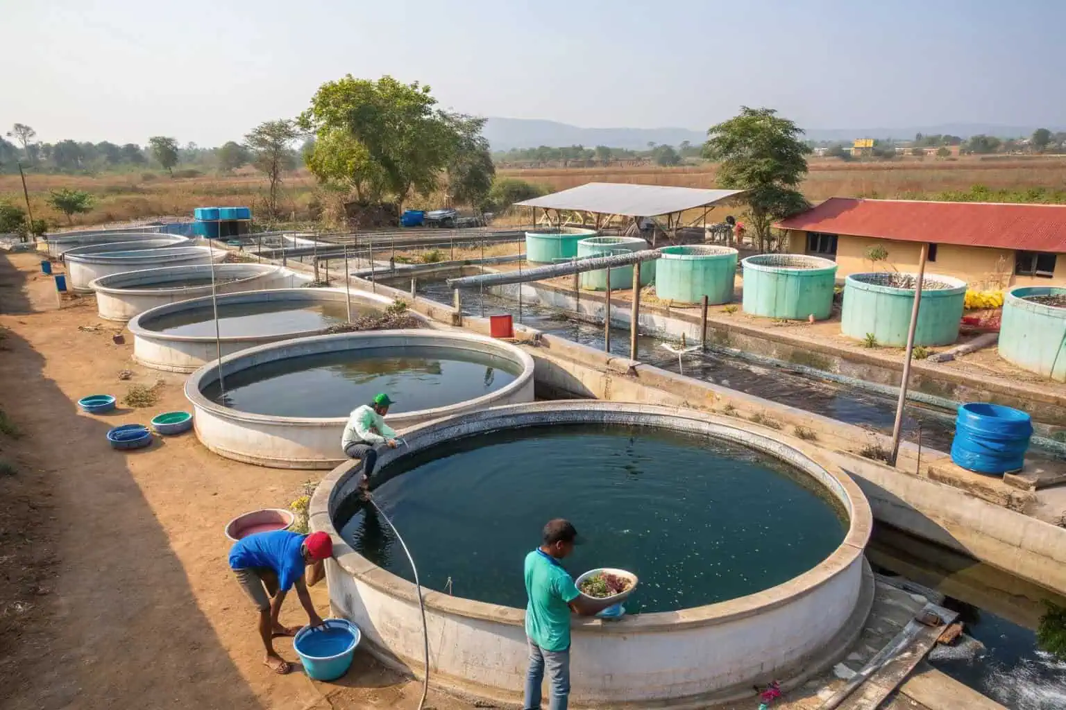 A vibrant fish farm in India with farmers tending to their ponds