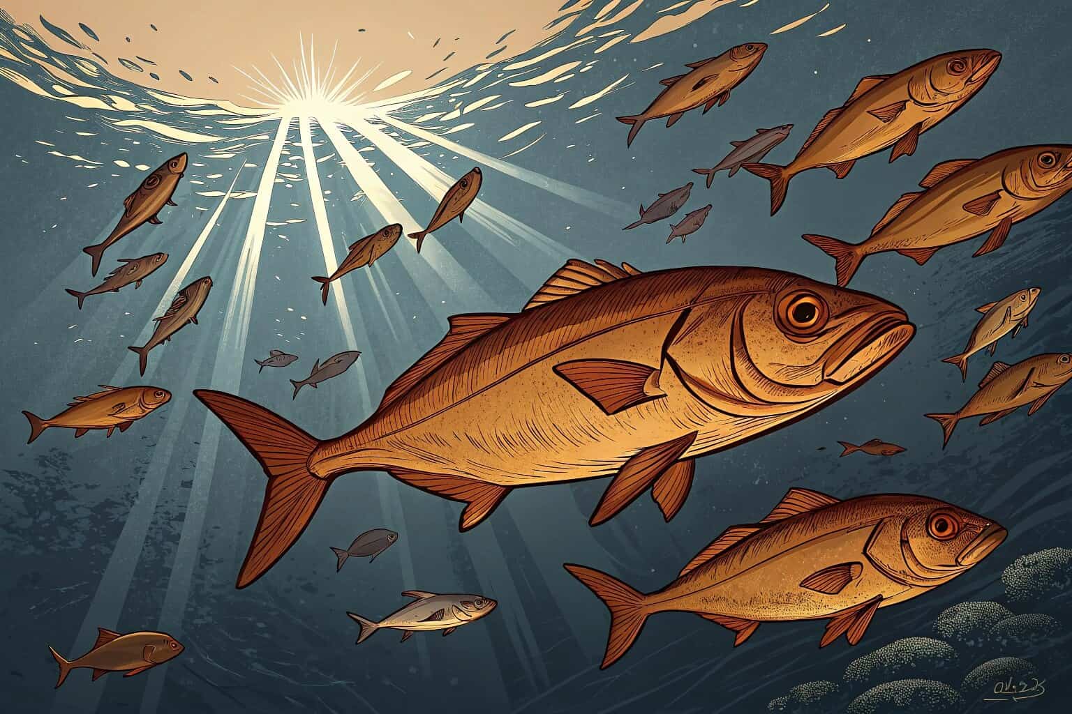 A school of wild, unfarmable fish swimming in the open ocean