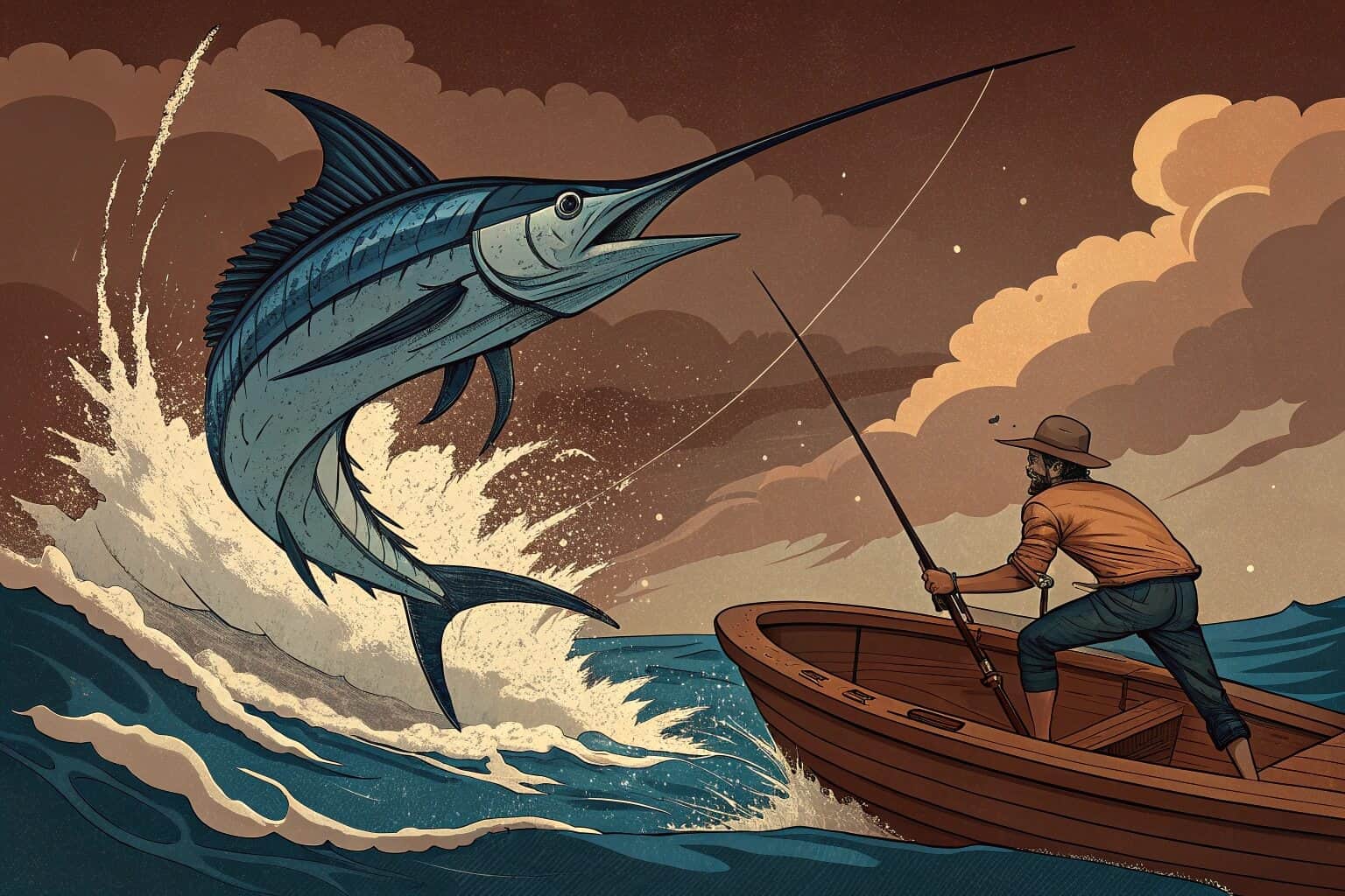 An angler fighting a large fish from a boat