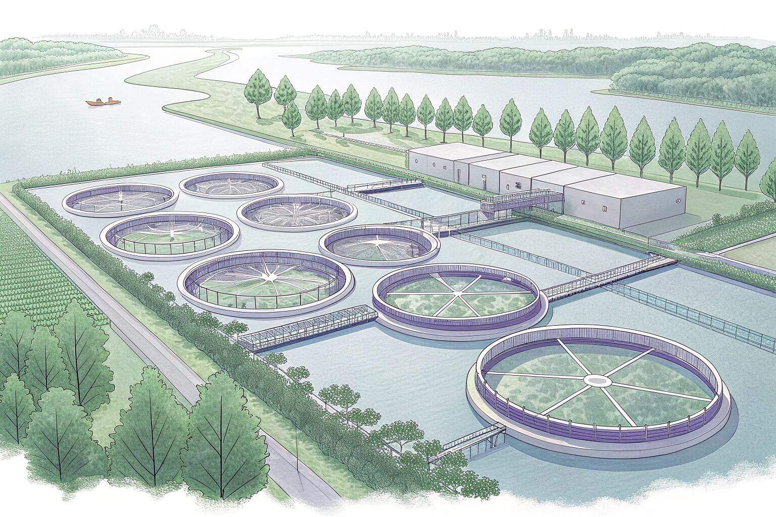 A well-maintained fish farm with aeration systems