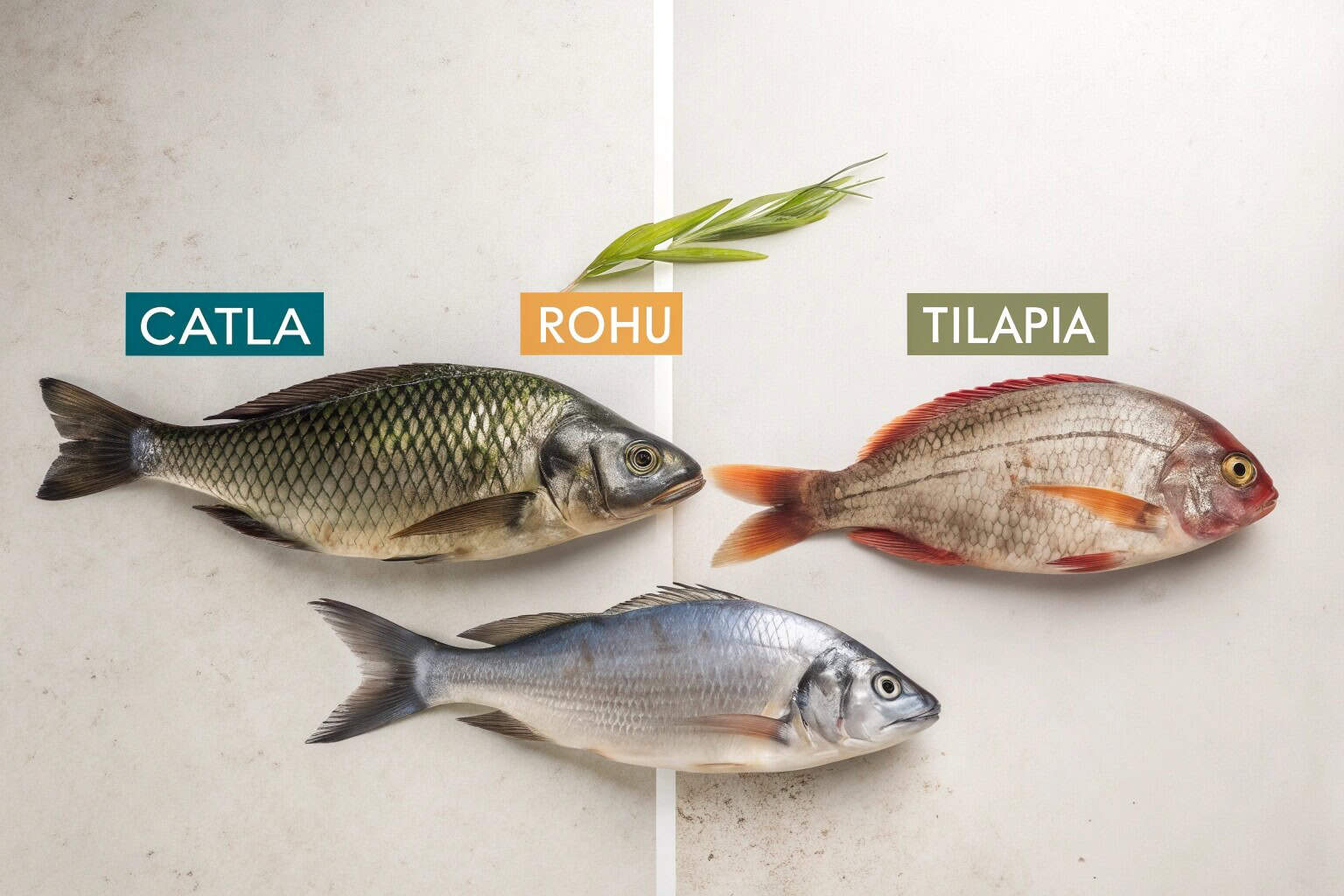 A collage of different fish species popular for farming in India like Catla, Rohu, and Tilapia