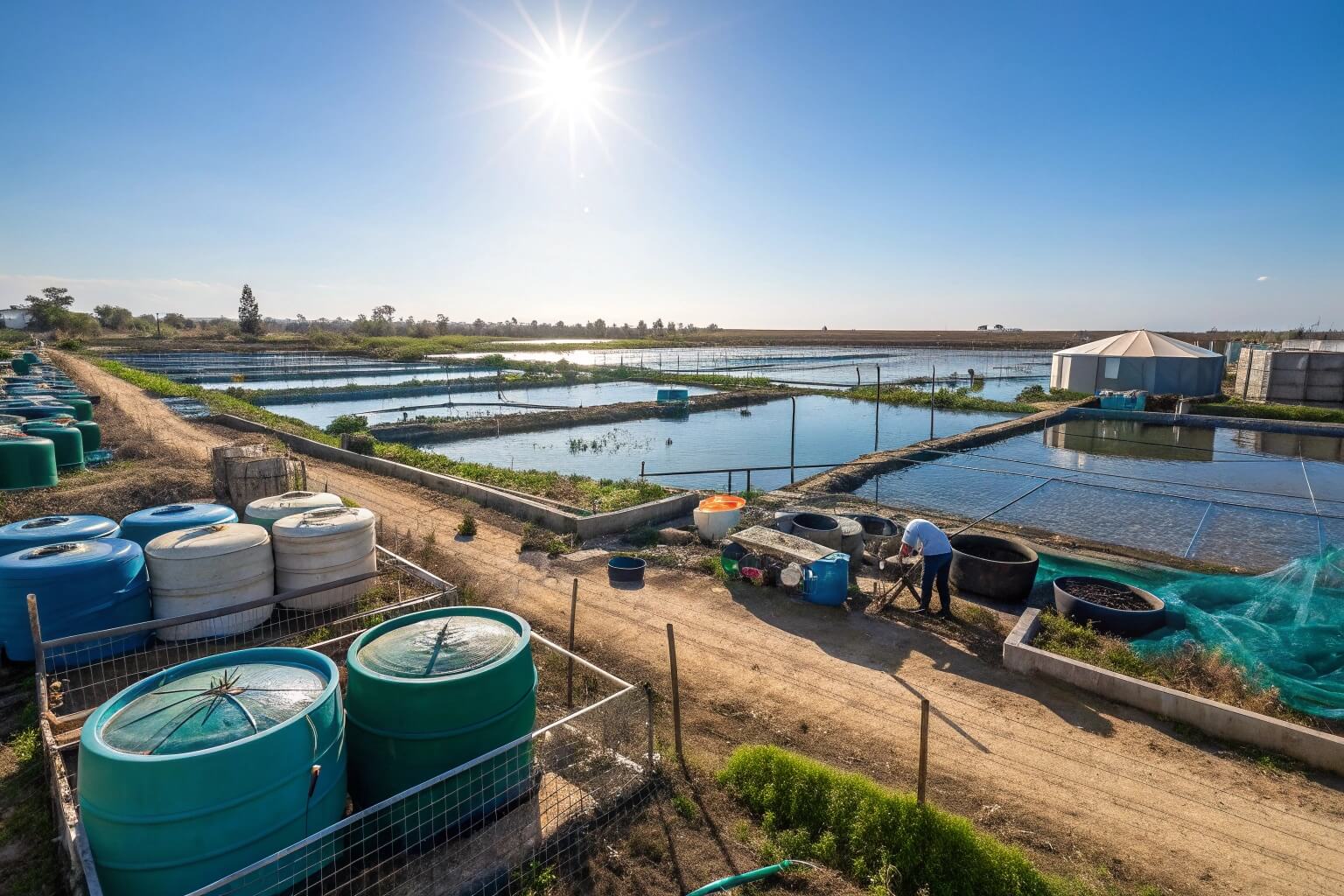 An overview shot of a catfish farm with ponds, nets, and equipment