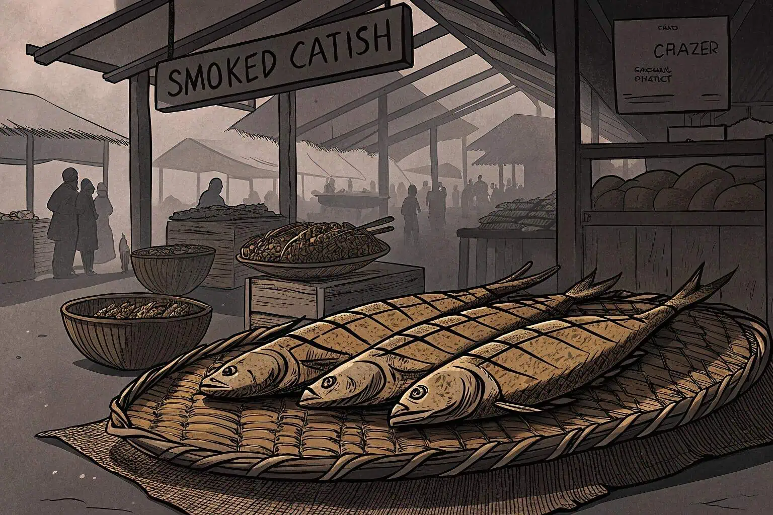 Smoked catfish displayed at a market