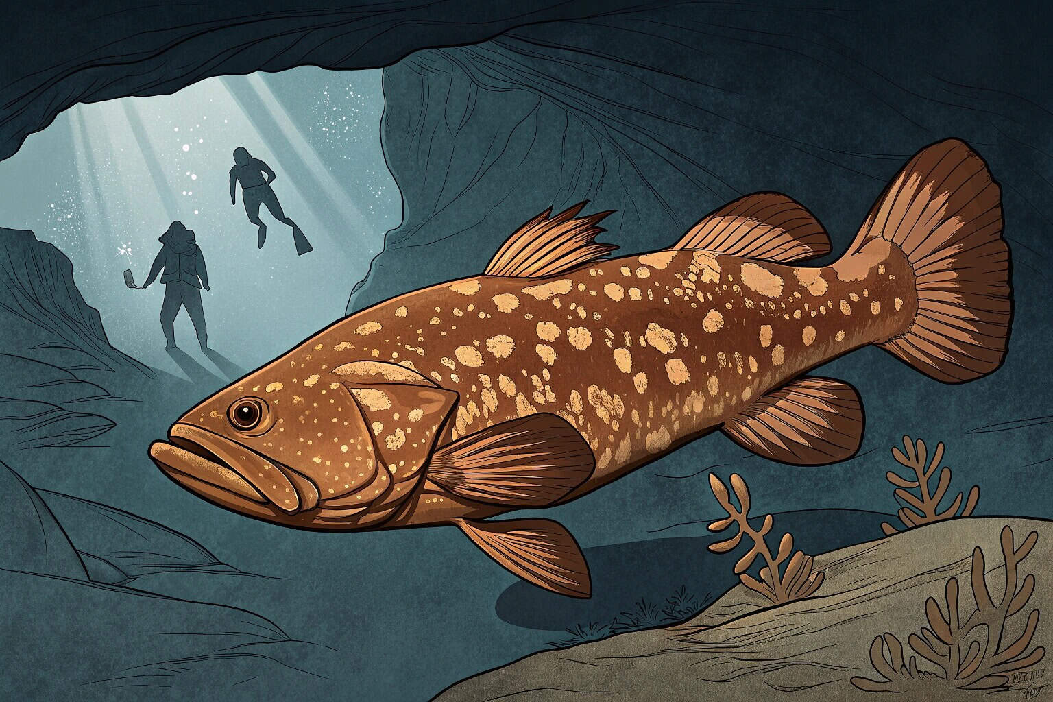 A picture of a rare, unique-looking fish in a dark environment