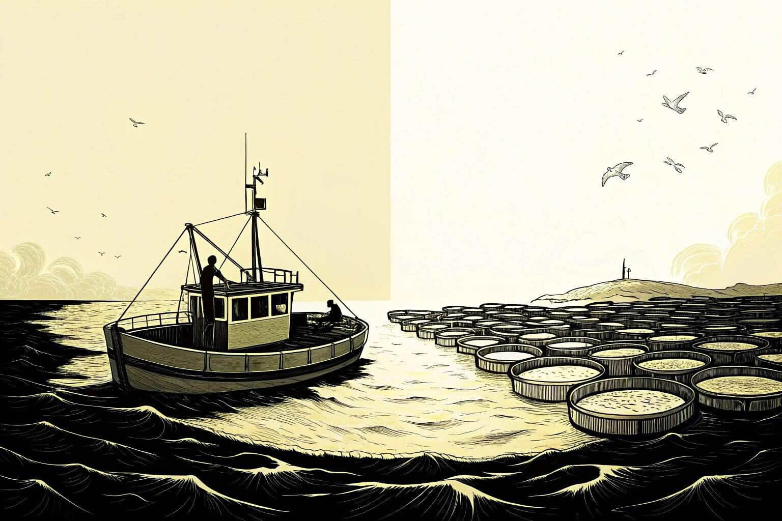 Commercial fishing boat vs. a fish farm setup