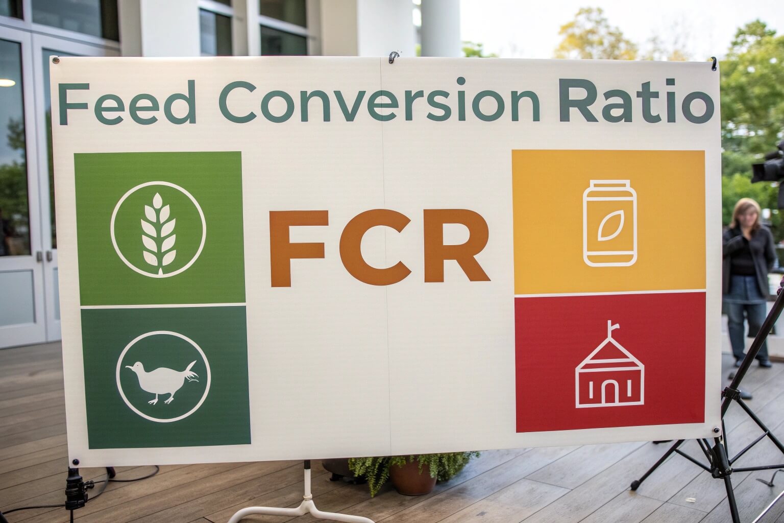 Infographic explaining Feed Conversion Ratio (FCR) with simple icons