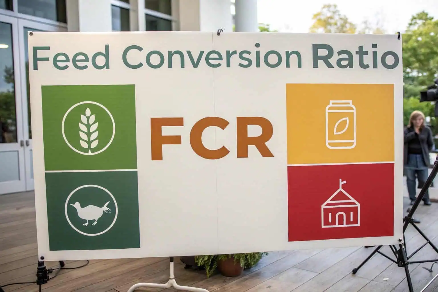 Infographic explaining Feed Conversion Ratio (FCR) with simple icons