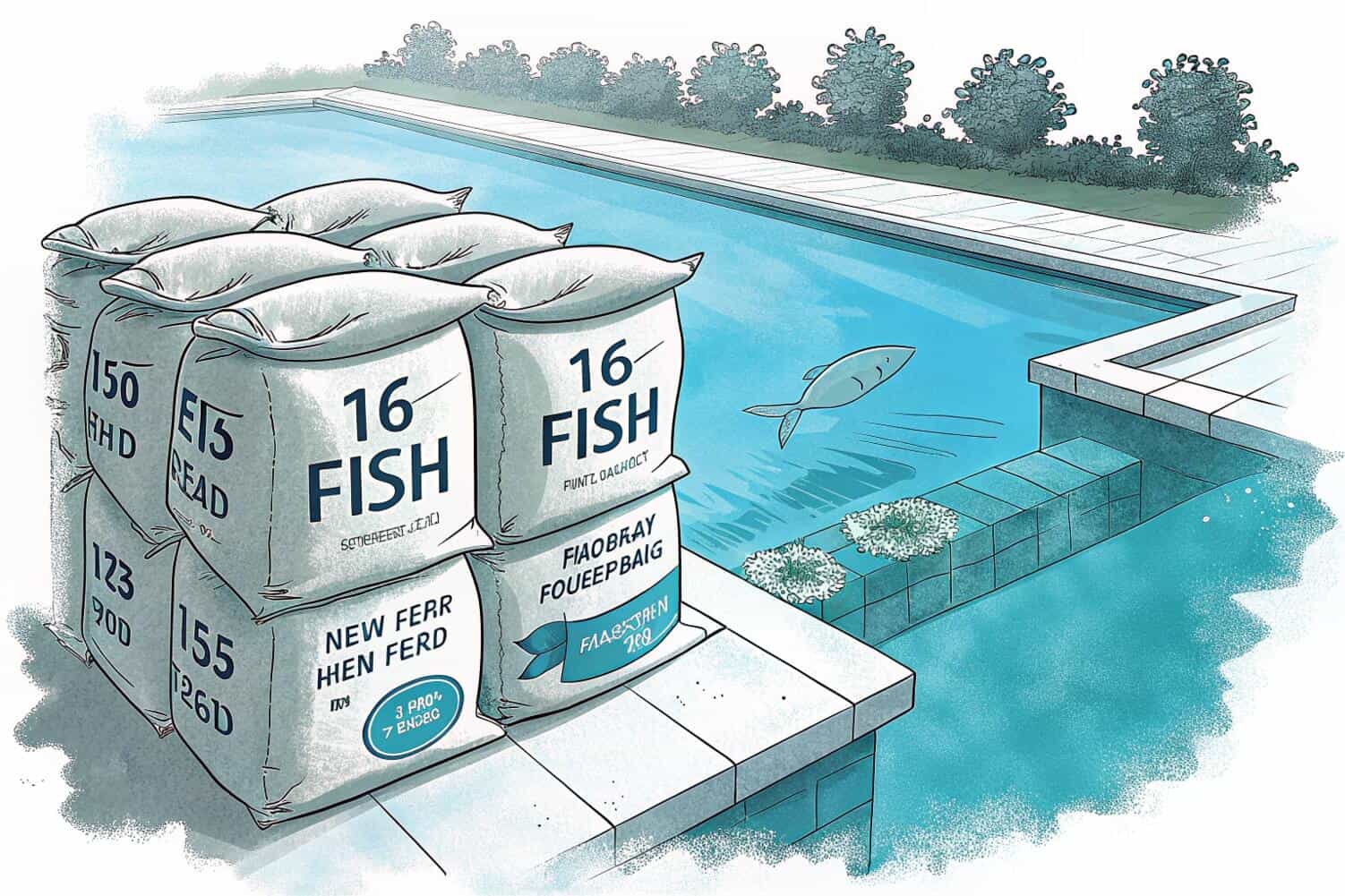 Bags of fish feed stacked