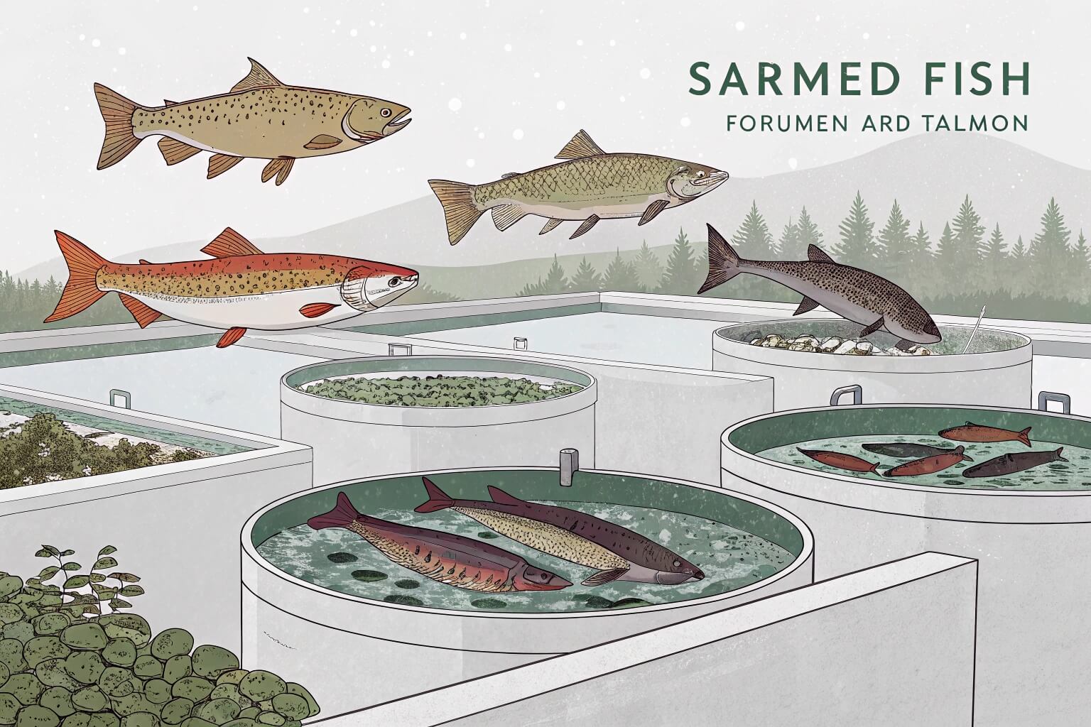 Various farmed fish in tanks