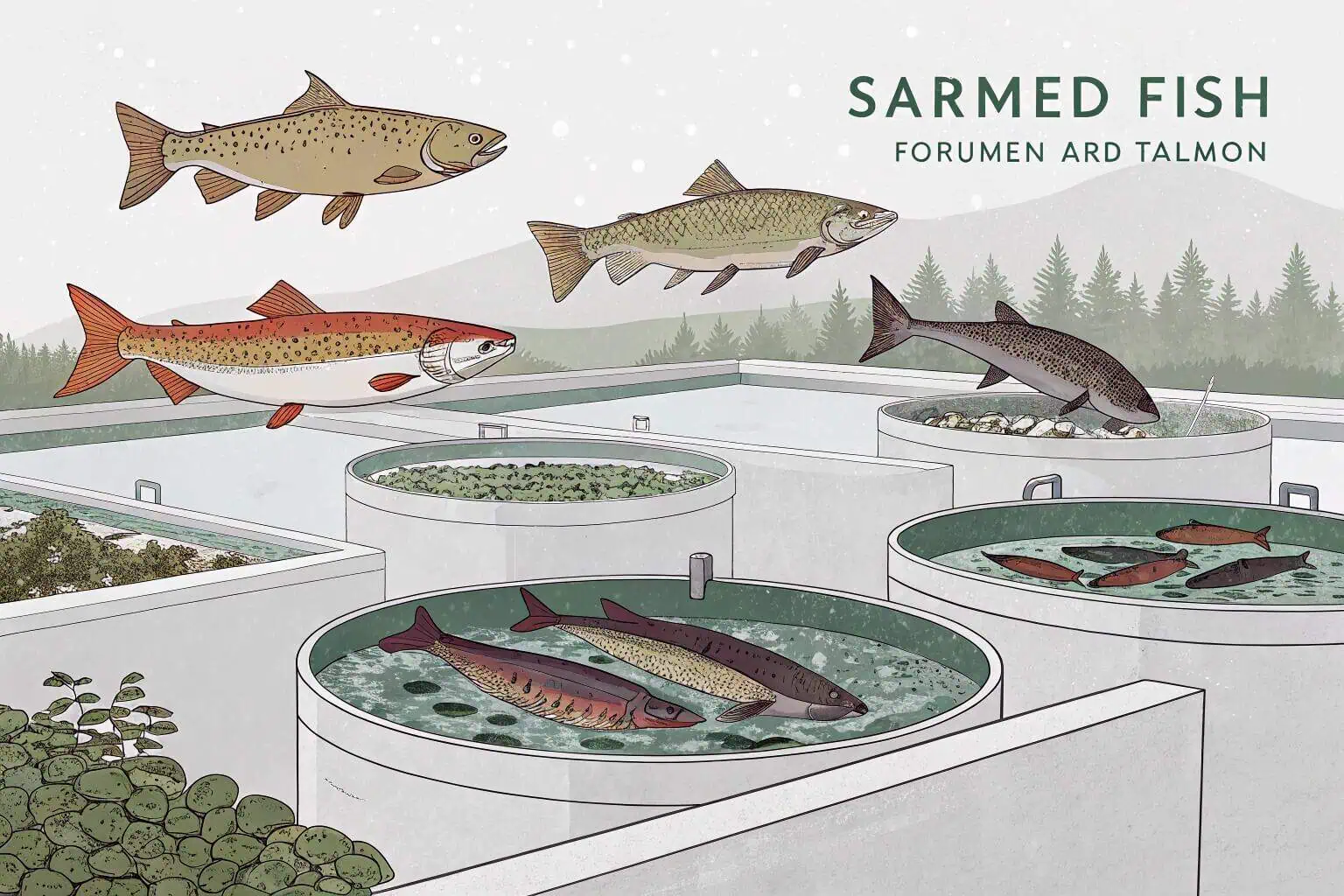 Various farmed fish in tanks