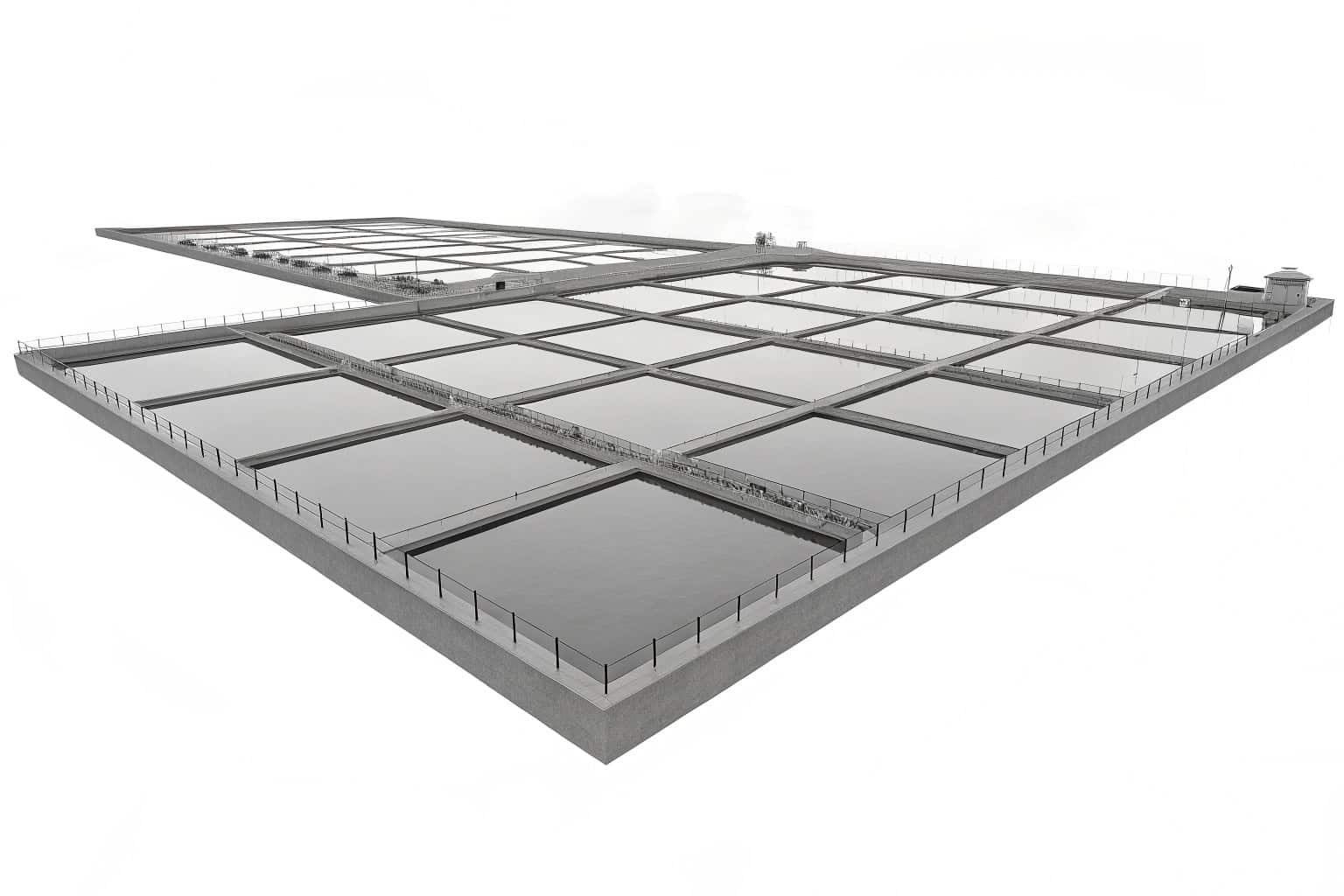 An aerial view of a large pond fish farm