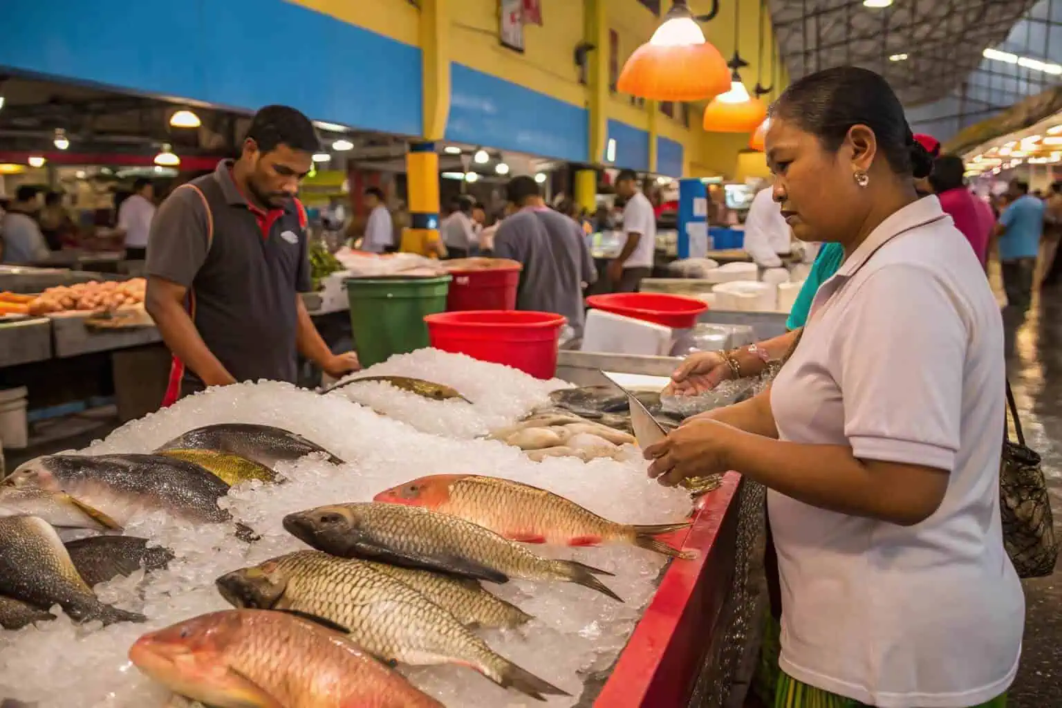 A harvest of fresh carp at a fish market