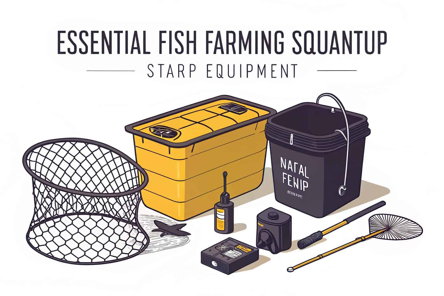 A collage of fish farming equipment: tanks, feed, and nets