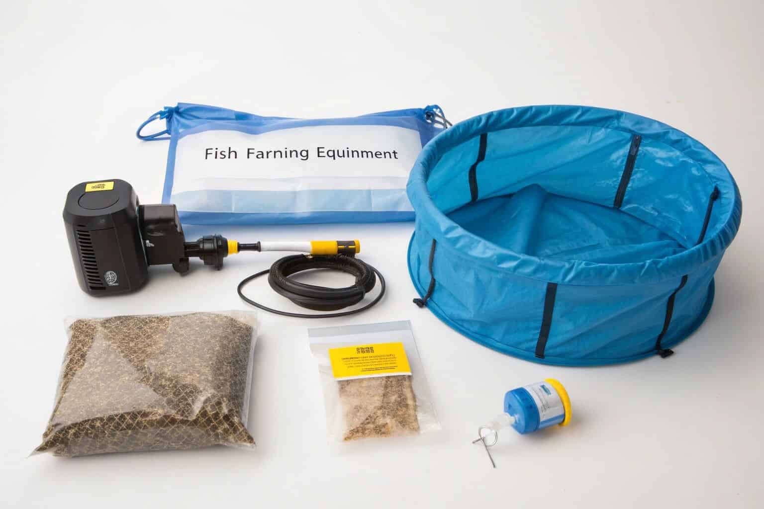 A collage of fish farming equipment with price tags