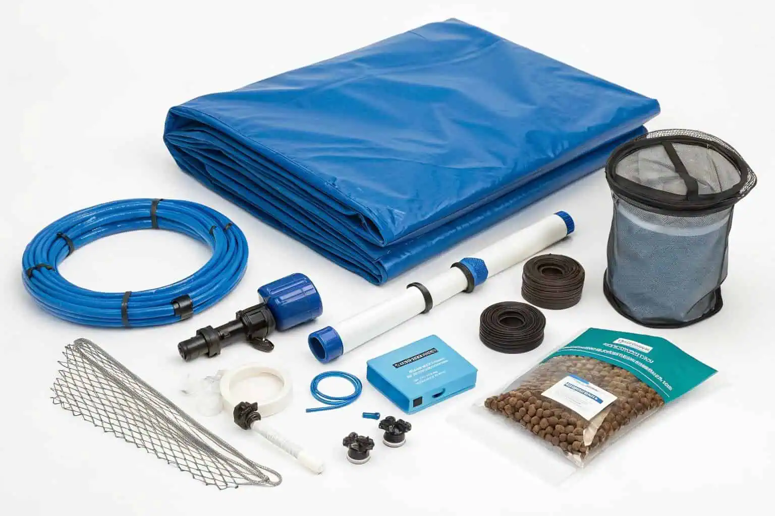 A collage of fish farming equipment like nets, tanks, and feed bags