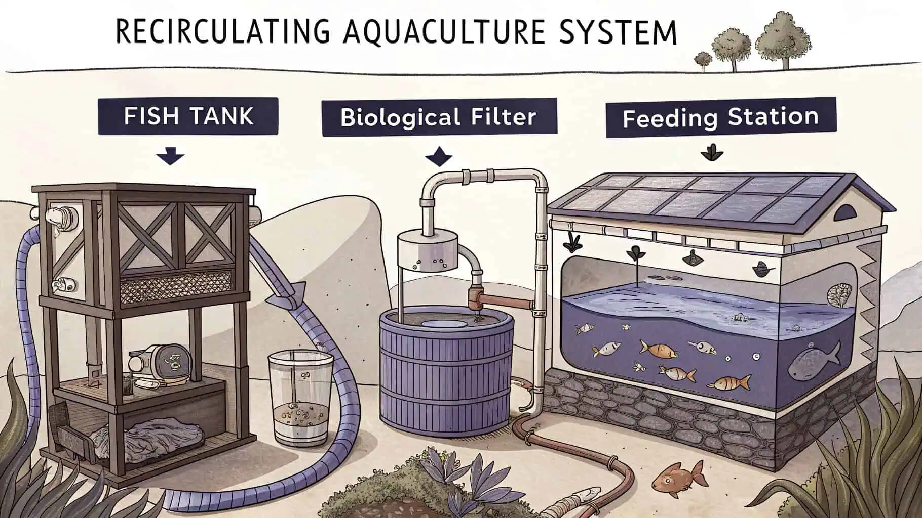 Diagram showing the components of a recirculating aquaculture system