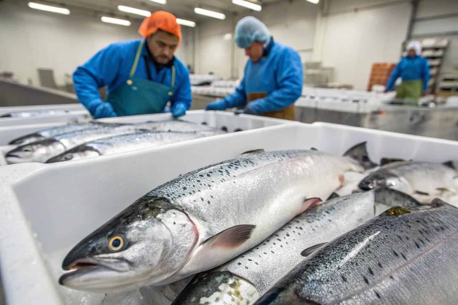 A successful fish farmer holding a large salmon