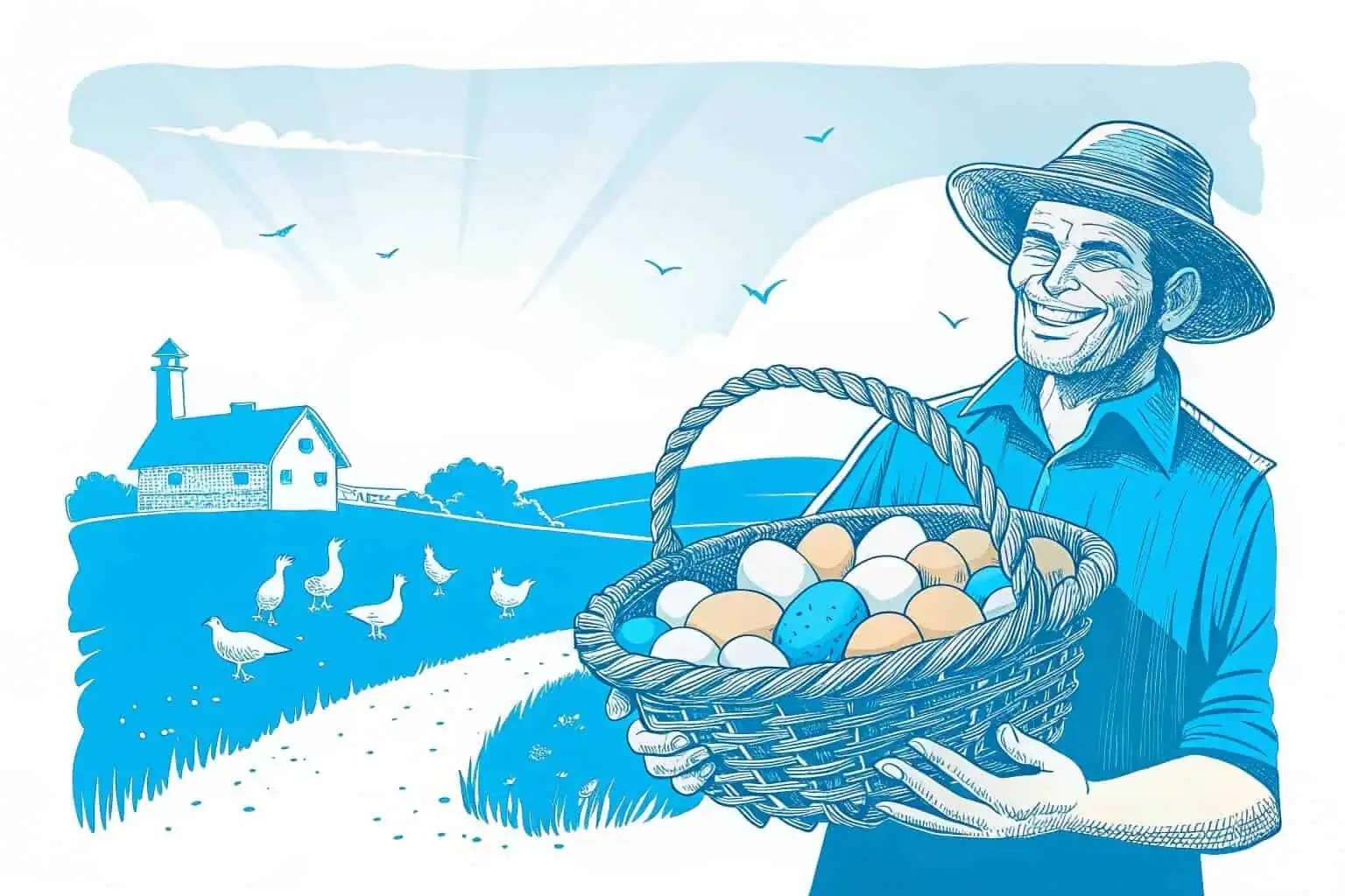 A farmer holding a basket of fresh eggs with a smile