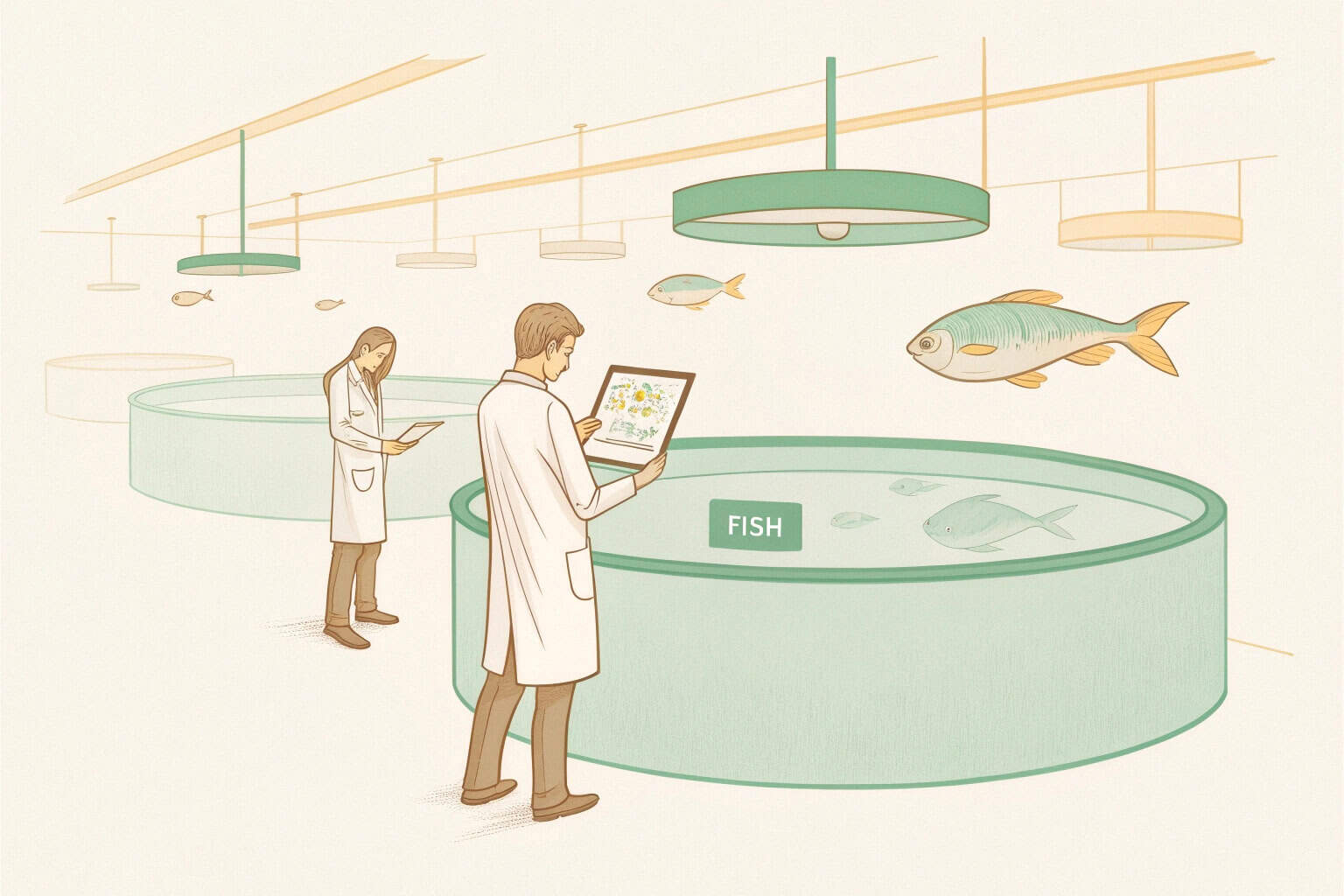 An image of a modern aquaculture facility with researchers
