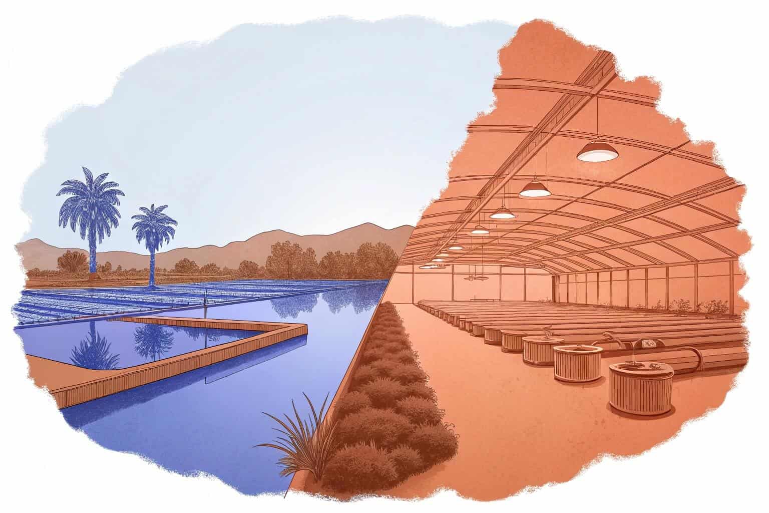 A split image showing a natural extensive pond and a high-tech intensive tank system