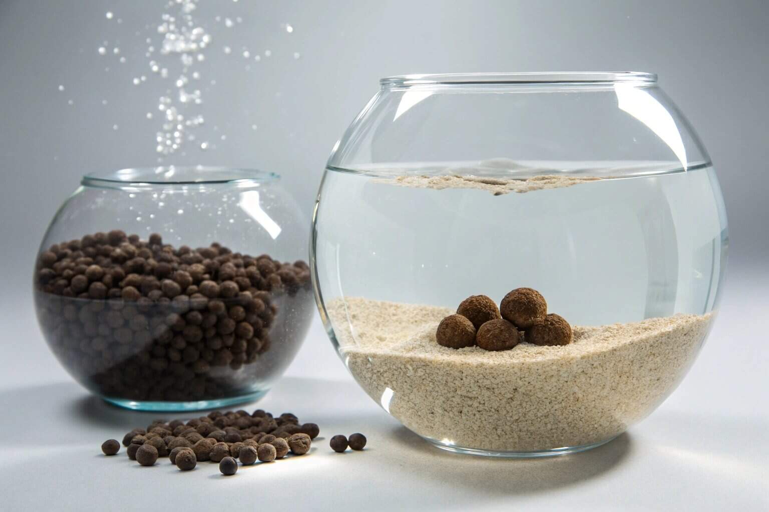 Close-up of floating and sinking fish feed pellets