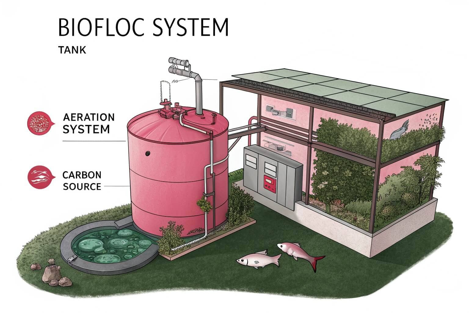 A diagram showing the key components of a biofloc system