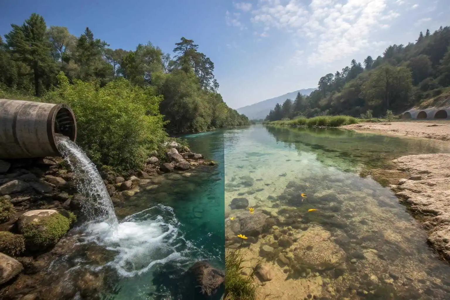 Murky water flowing from a pipe into a clear river