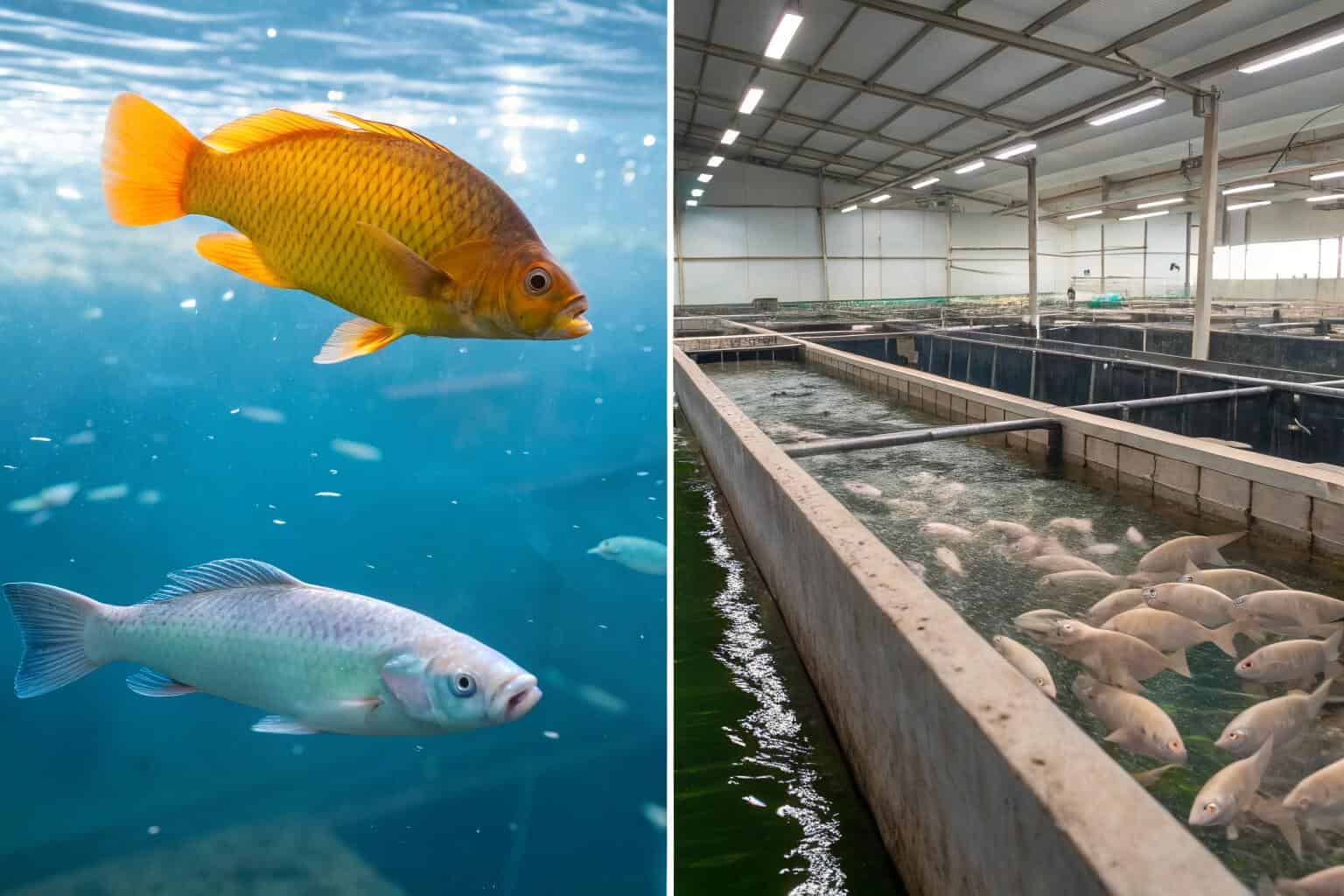 A side-by-side comparison of a healthy, vibrant farmed fish and a pale, unhealthy one.