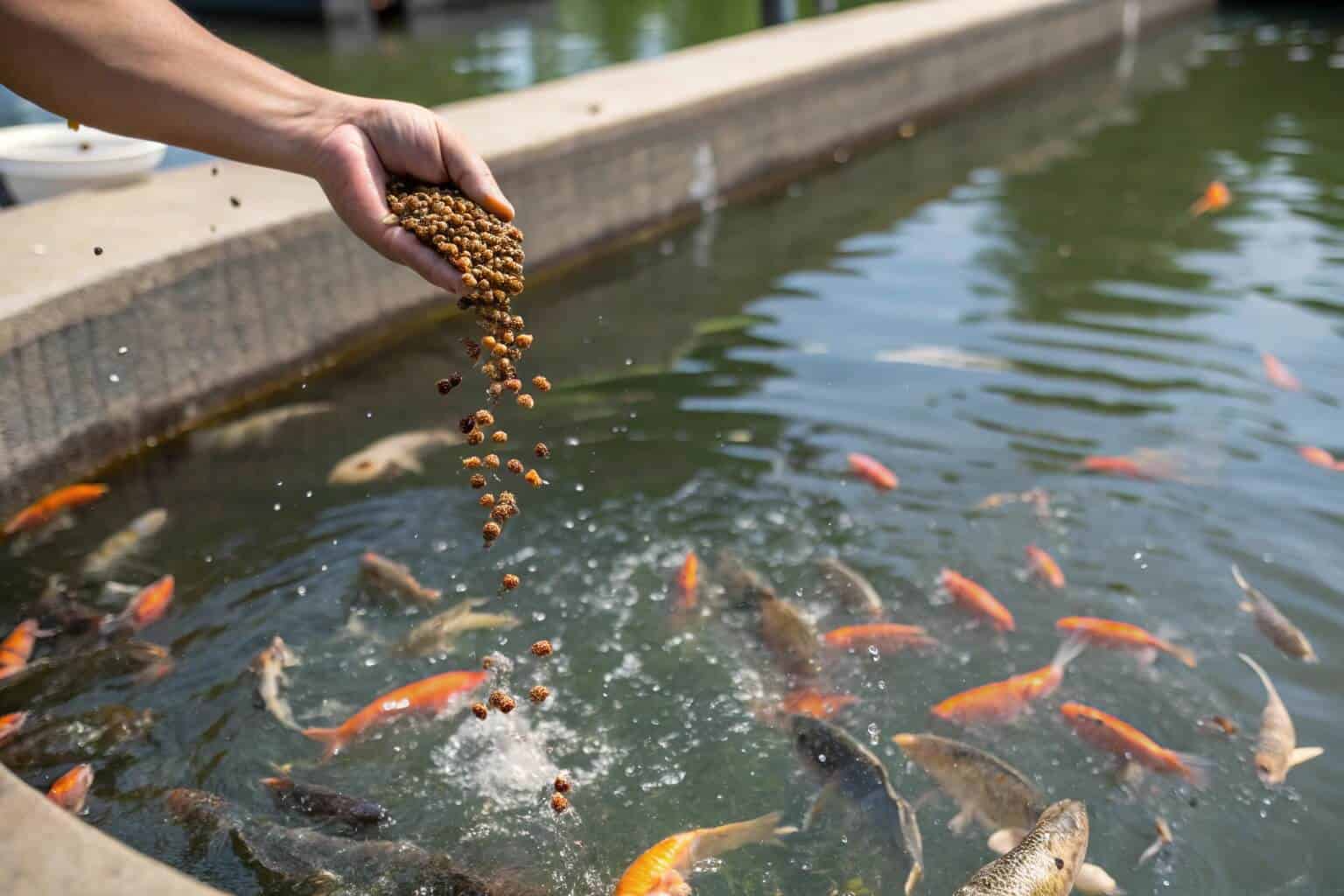 A hand sprinkling high-protein fish pellets into a pond full of active fish