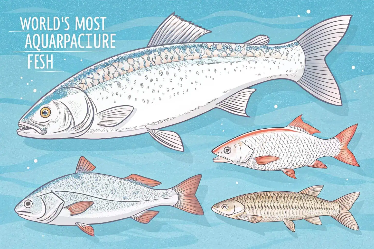 A collage of common aquaculture fish like tilapia, salmon, and carp