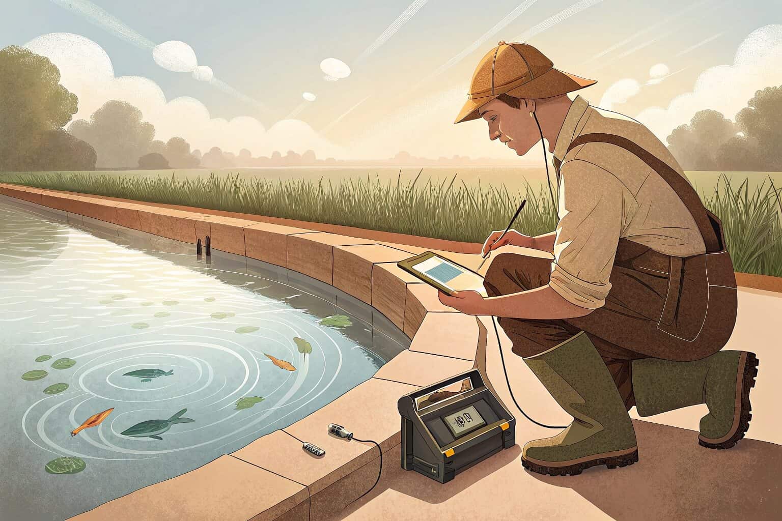 A fish farmer inspecting their pond's water quality