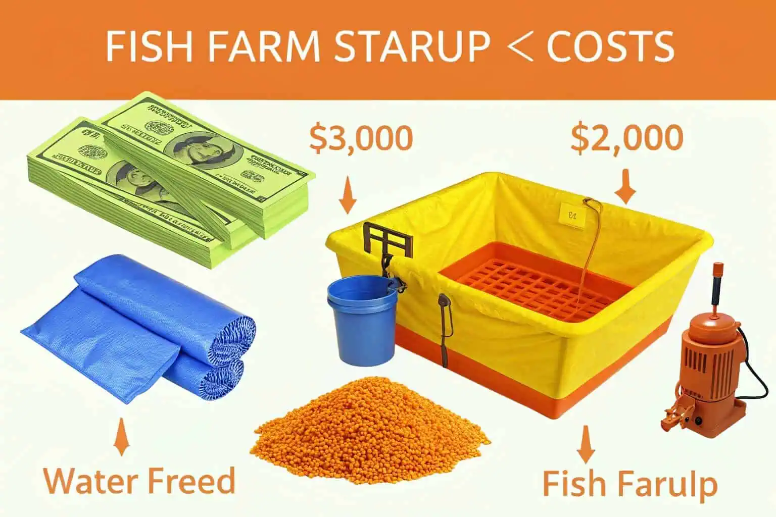 A collage of fish farming equipment with price tags