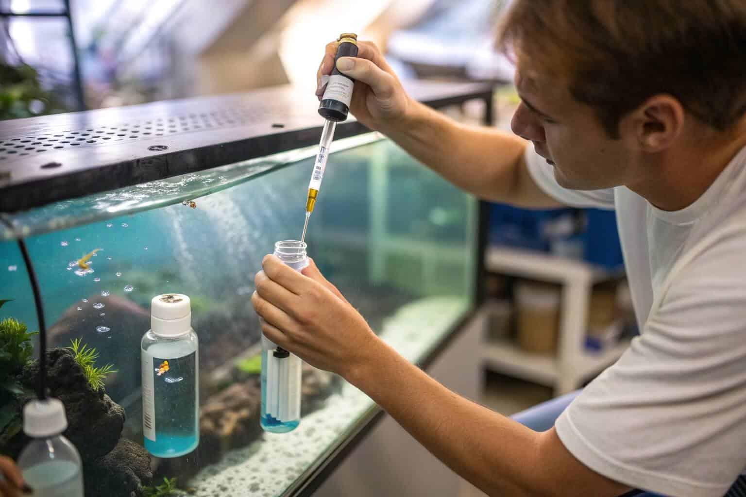 A person testing water quality of a fish tank with a kit
