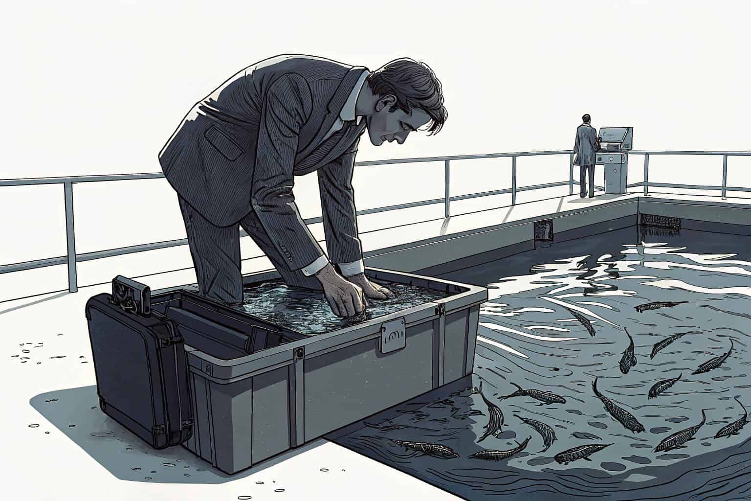 A person inspecting a portable fish farm