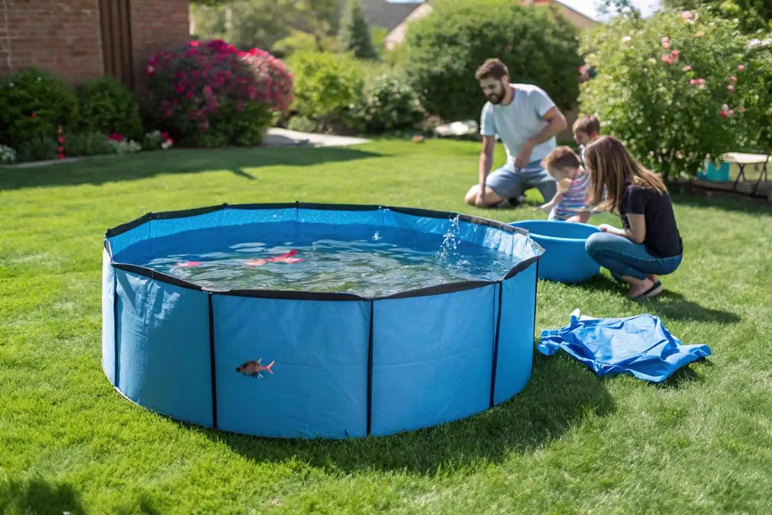 A Bancy collapsible fish tank set up in a backyard