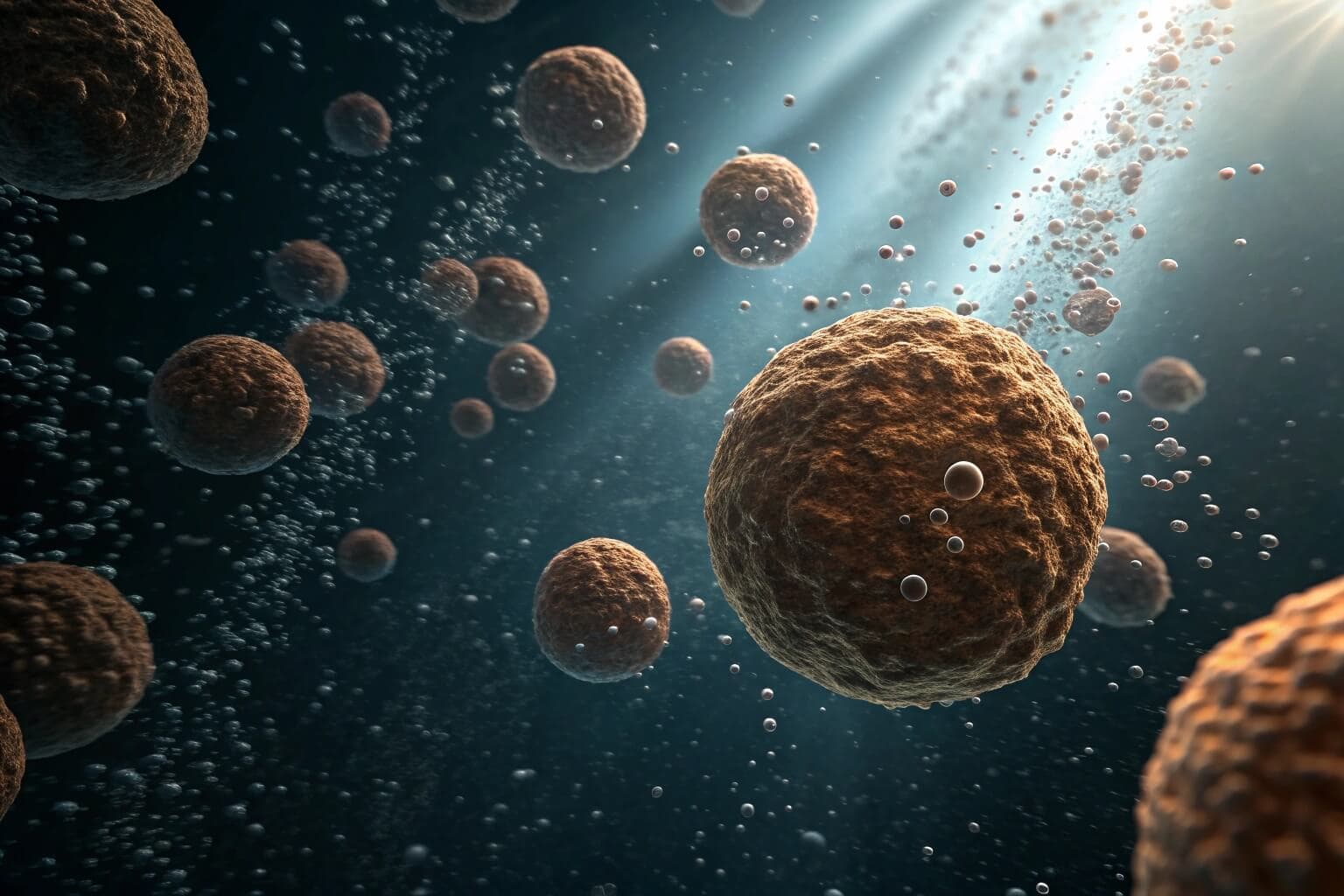 A close-up shot of biofloc particles in water