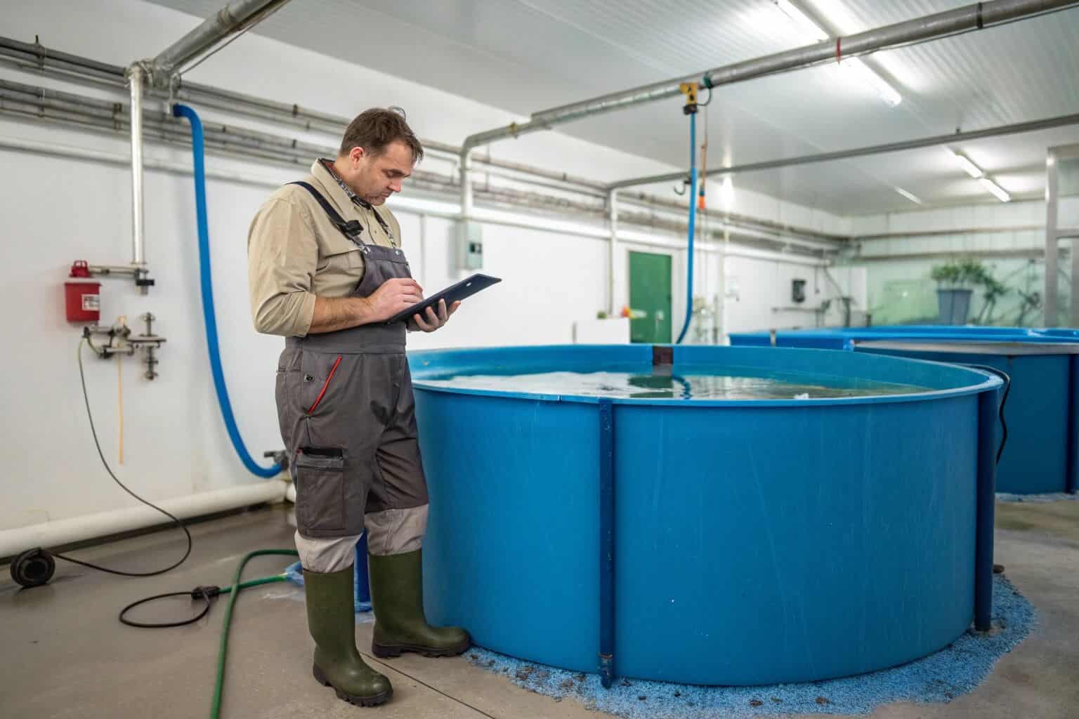 An aquaculture farmer checking the water quality of a fish tank