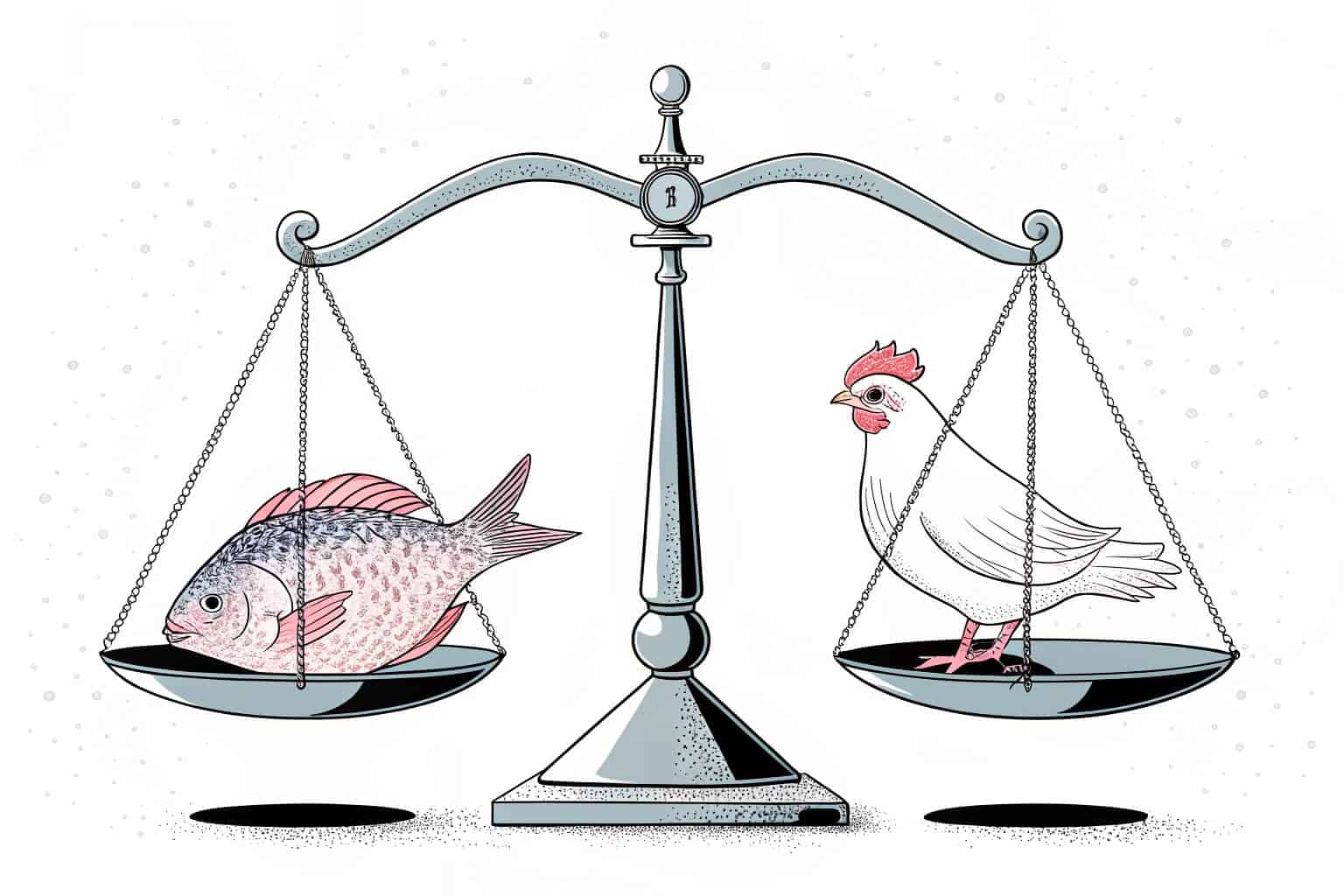 A scale balancing a fish and a chicken