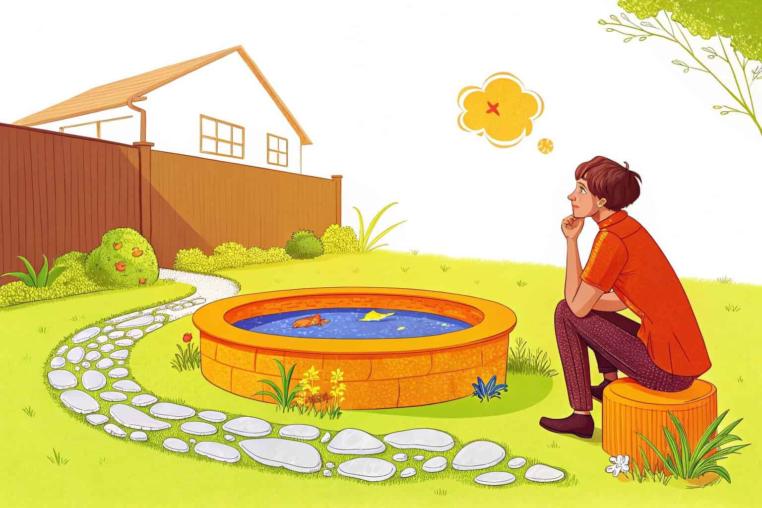 A person looking thoughtfully at a small fish pond