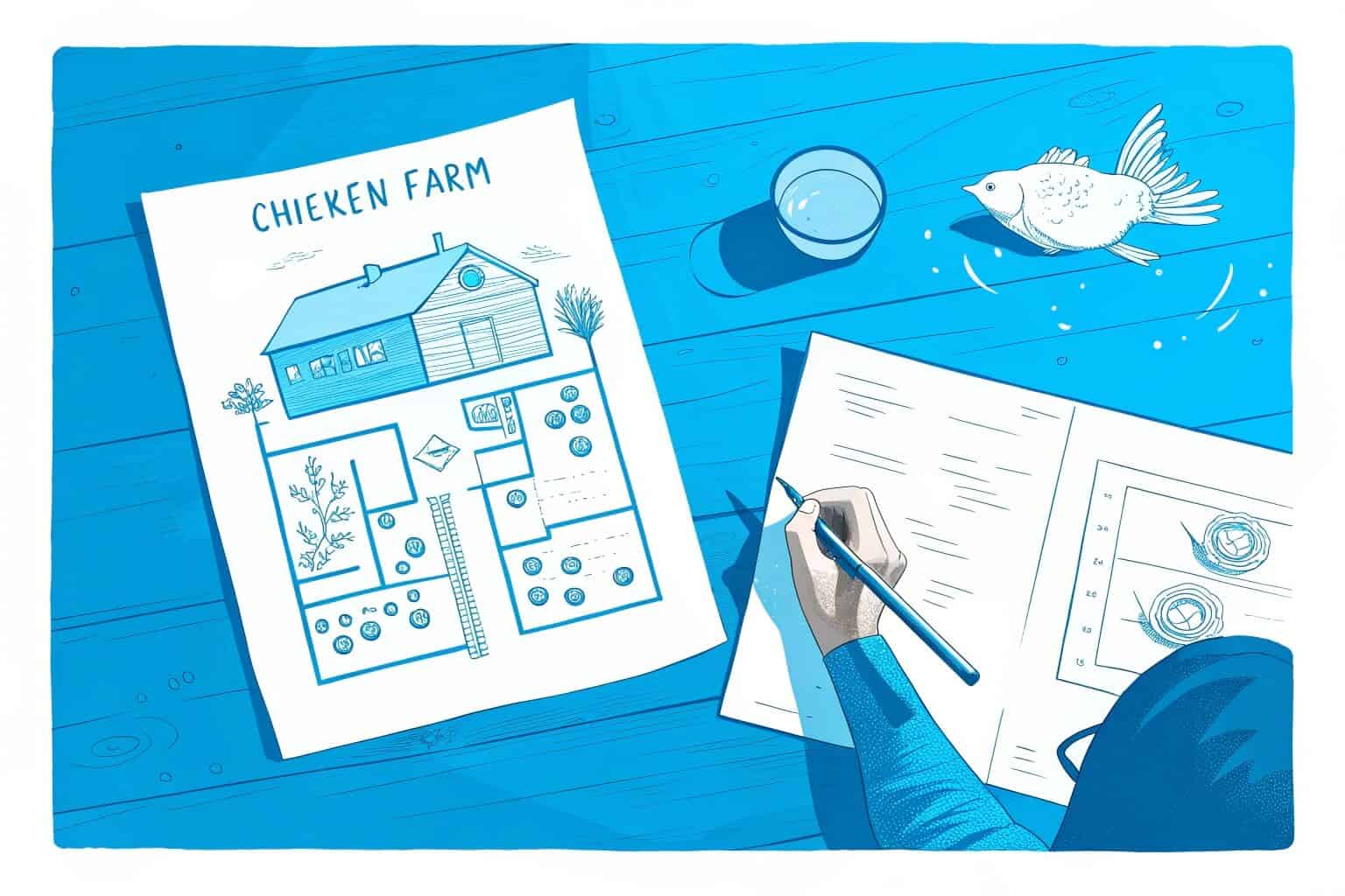 A person planning their farm layout with notes on chickens and fish