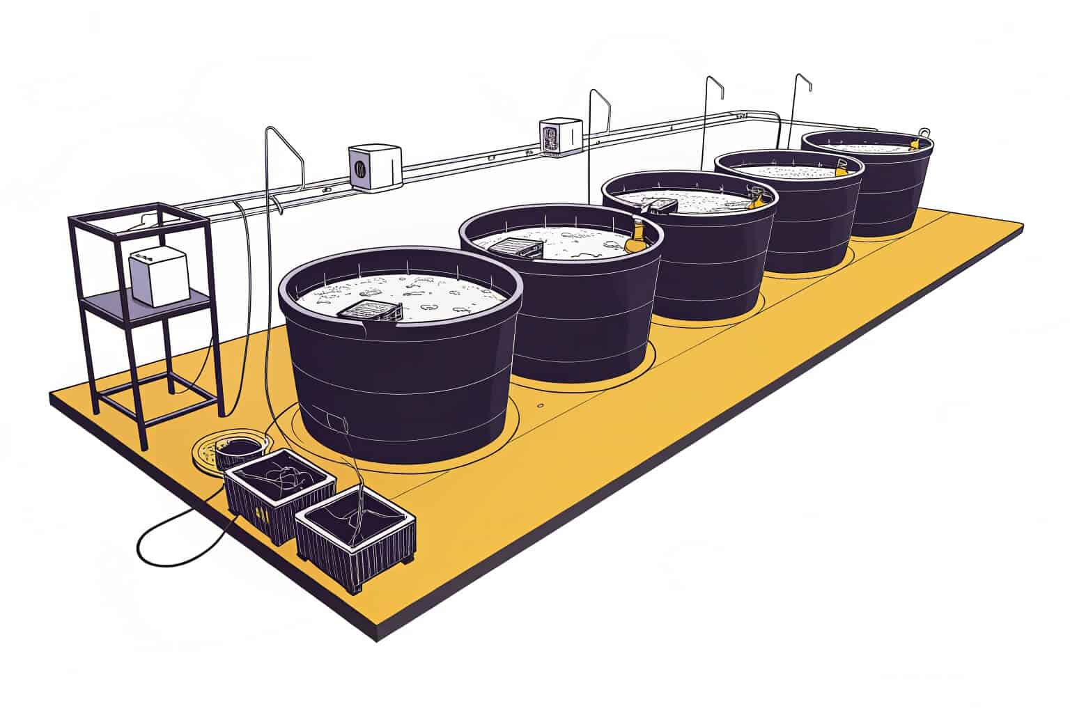 A small-scale, well-organized fish farm with several tanks