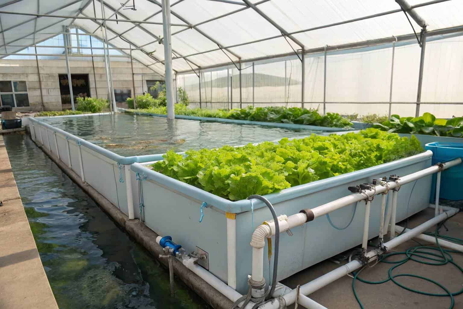 An AquaFlex Hexa portable frame fish pond, central to an efficient aquaponics system inside a sunlit greenhouse.