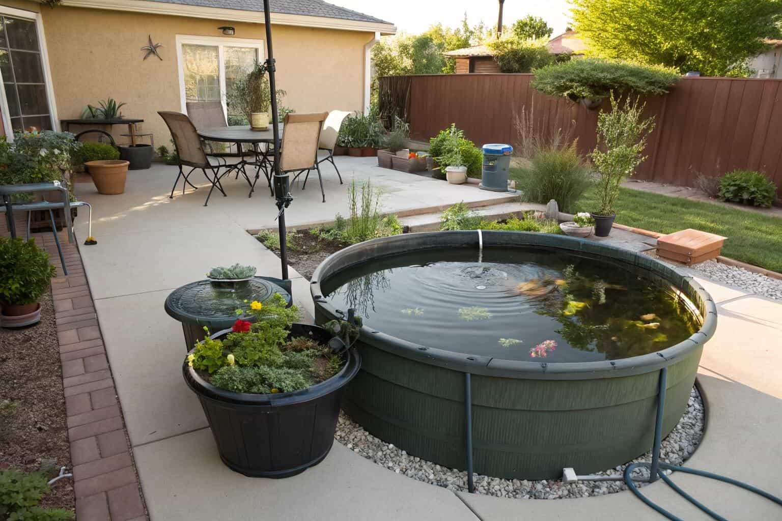 An AquaFlex Round portable fish pond set up on a neat backyard patio, filled with clear water.