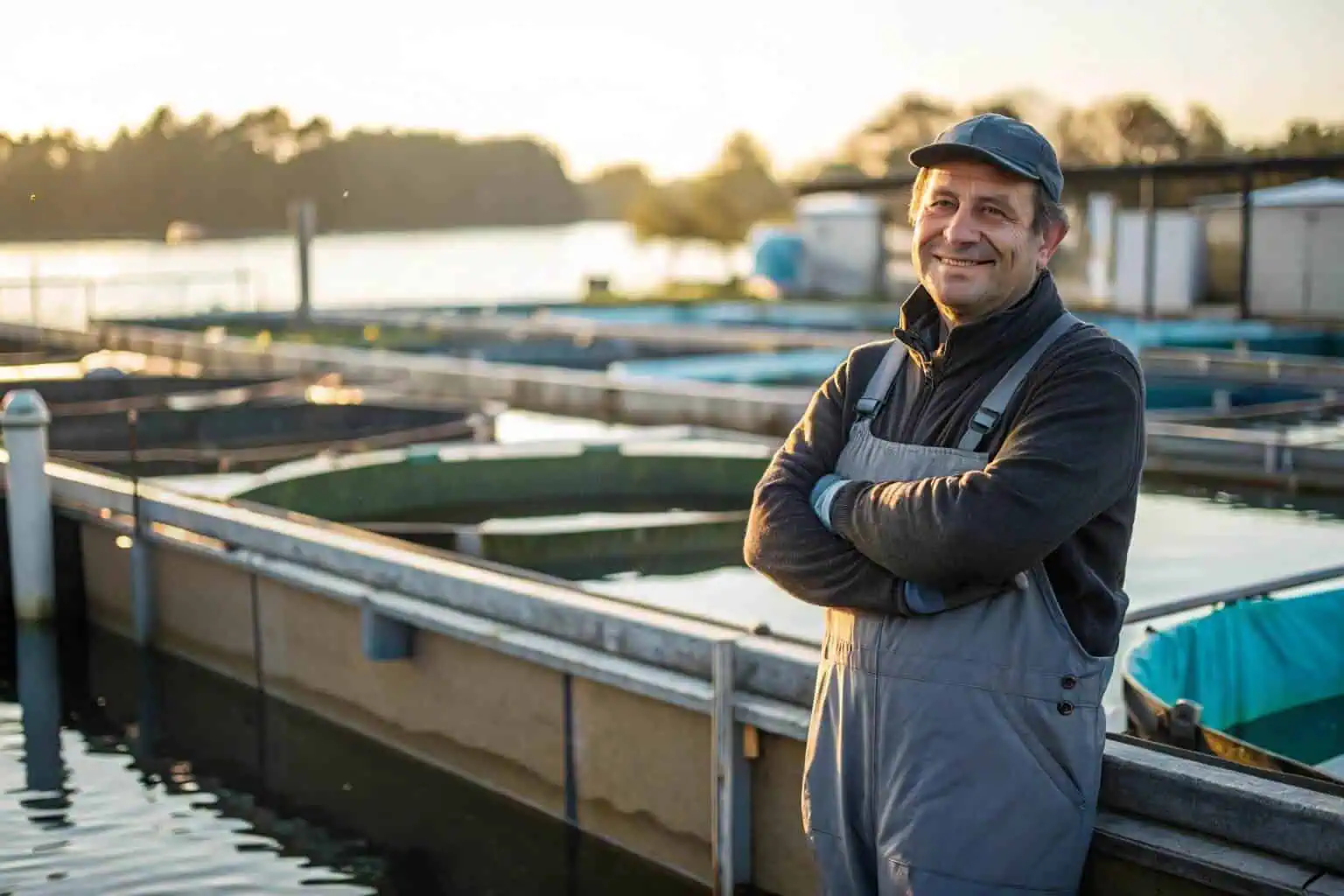 A fish farmer smiling in front of their farm