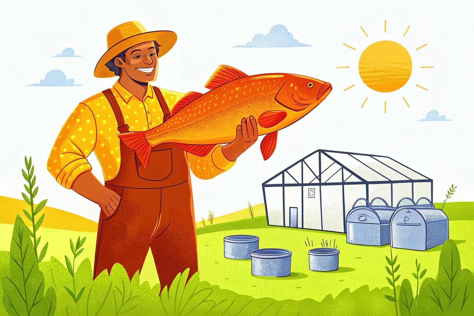 A smiling fish farmer holding a large, healthy fish