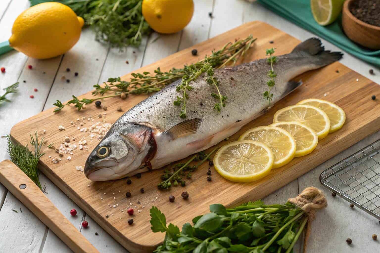 A freshly harvested tilapia on a cutting board, ready to be prepared for a meal