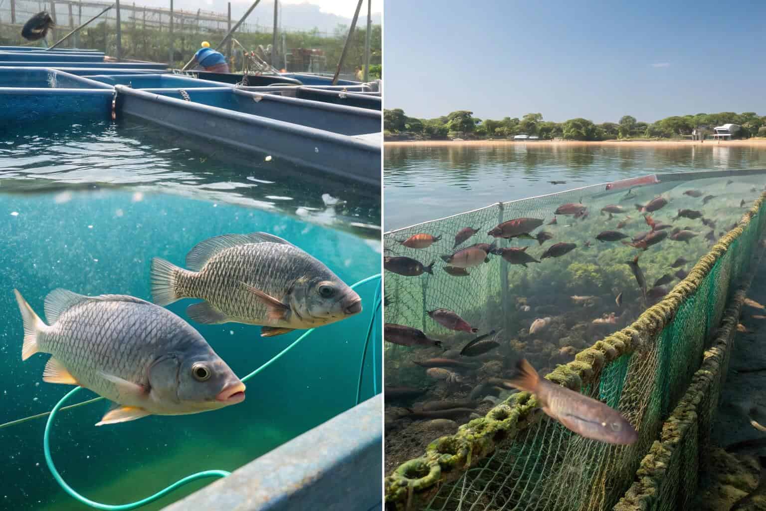 A diverse aquaculture setup showing fish, shellfish, and aquatic plants