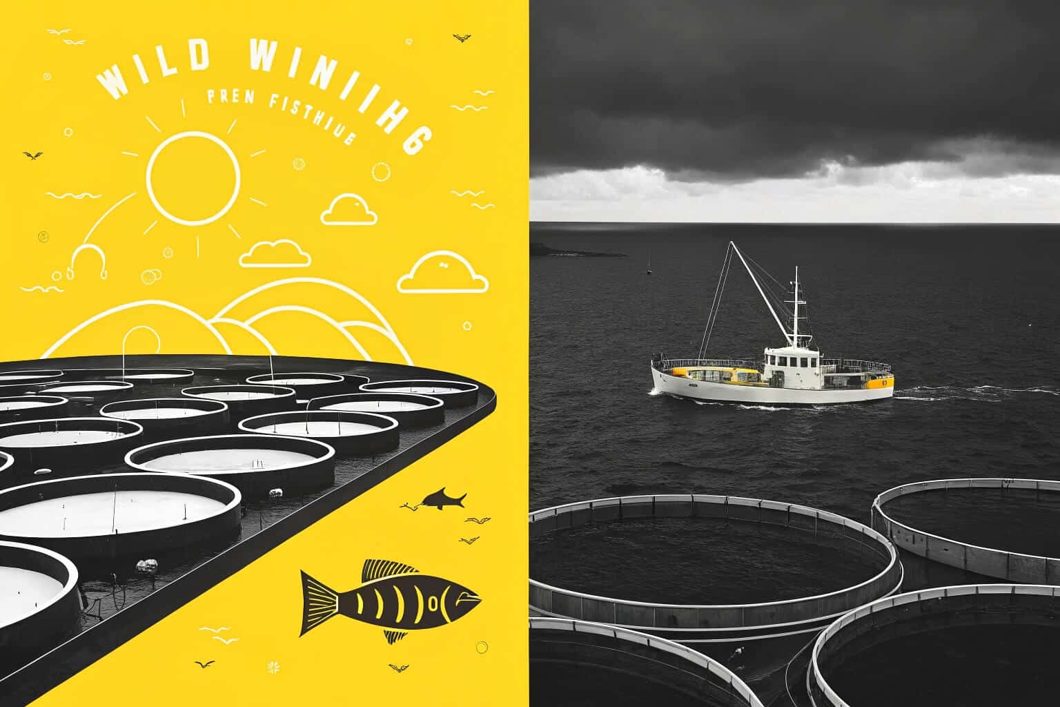 A split image showing a fish farm on one side and a fishing boat on the other